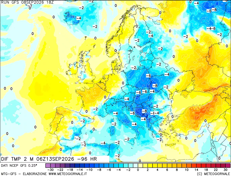 mappa Dif. Temp a 2 metri Valid - Init