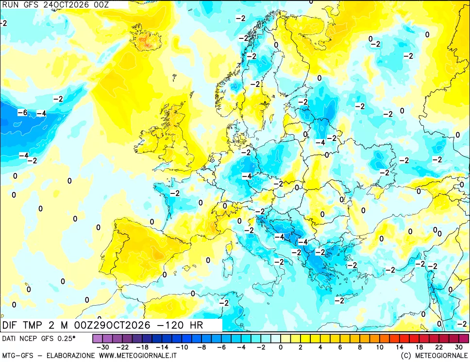 mappa Dif. Temp a 2 metri Valid - Init