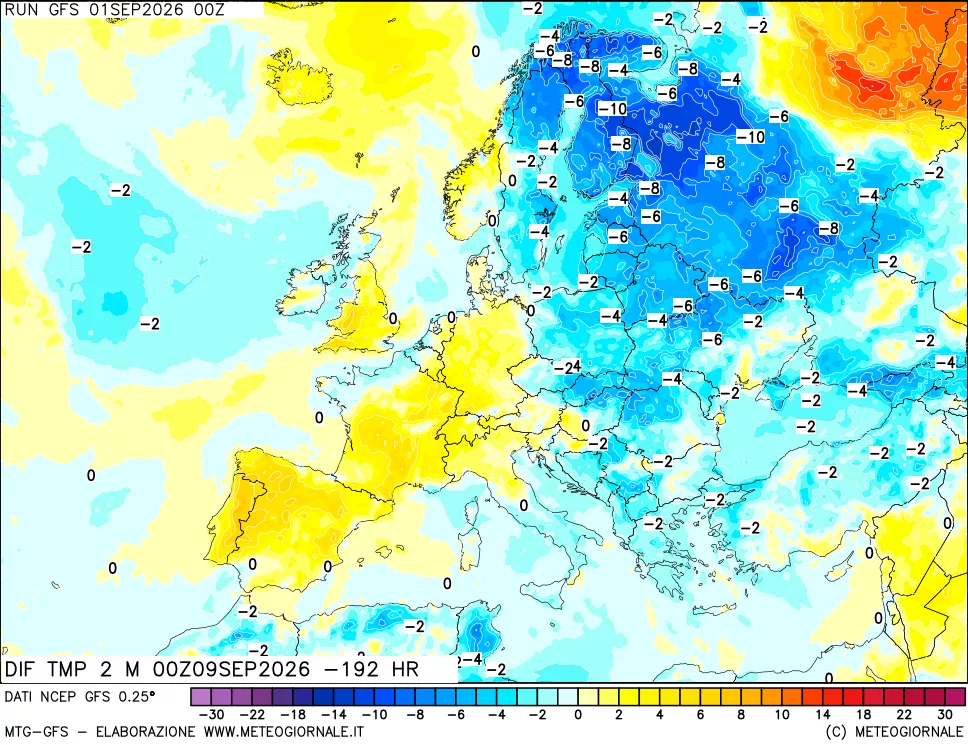 mappa Dif. Temp a 2 metri Valid - Init