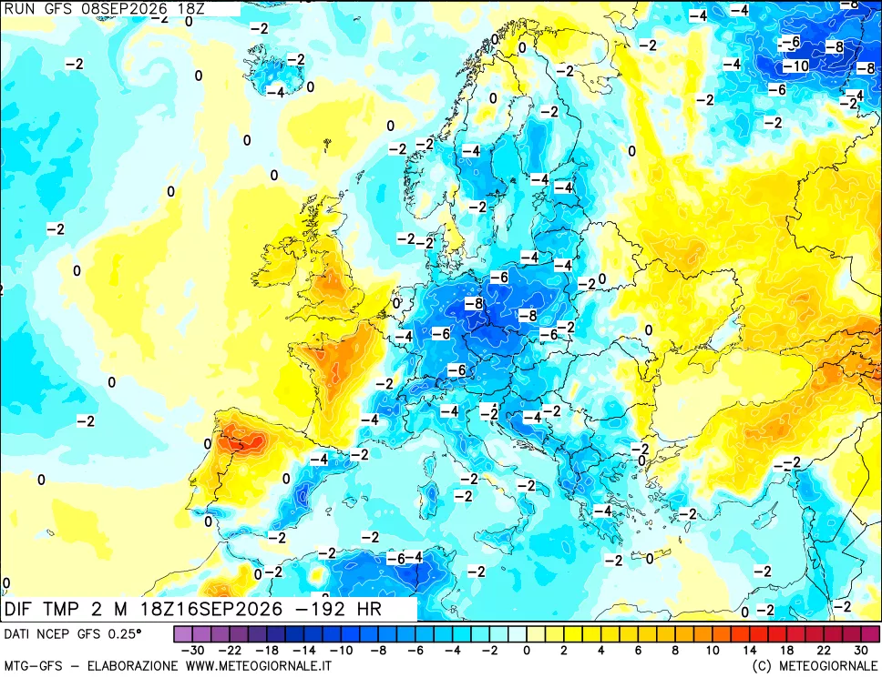 mappa Dif. Temp a 2 metri Valid - Init