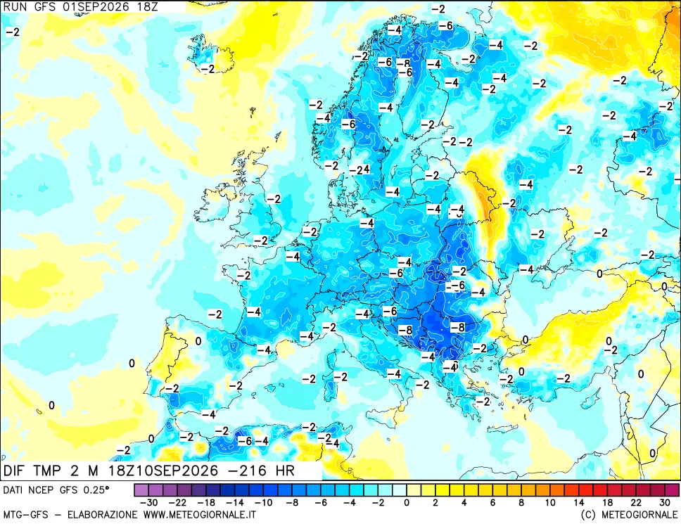 mappa Dif. Temp a 2 metri Valid - Init