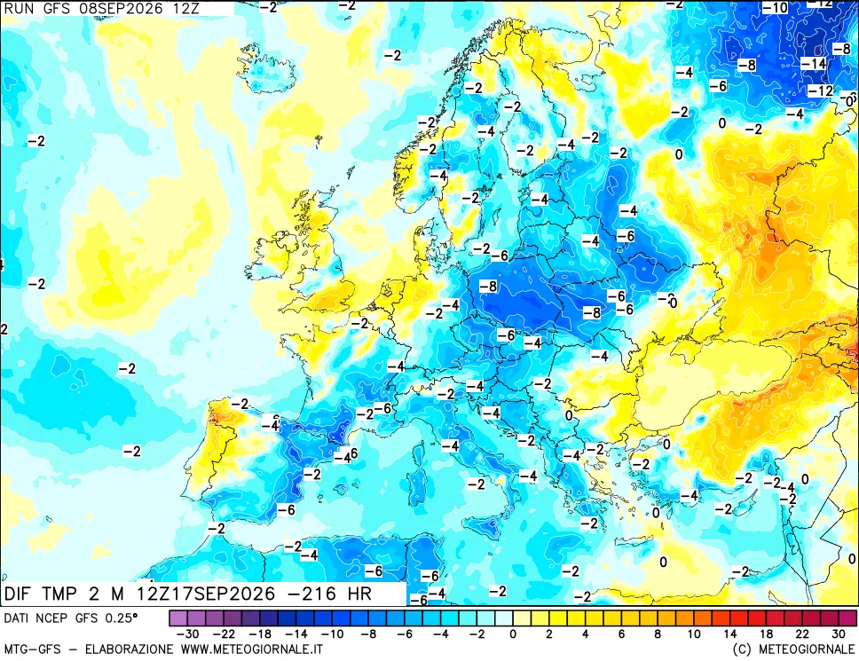 mappa Dif. Temp a 2 metri Valid - Init