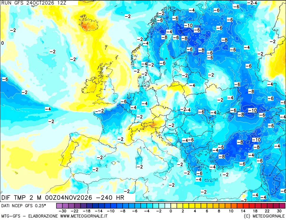mappa Dif. Temp a 2 metri Valid - Init