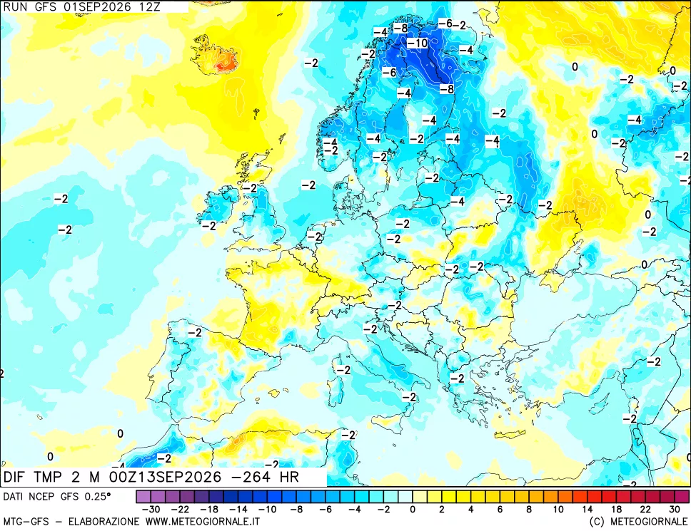 mappa Dif. Temp a 2 metri Valid - Init
