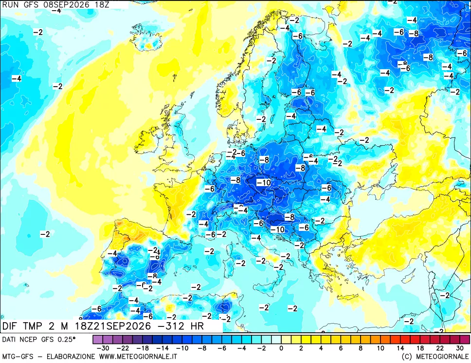 mappa Dif. Temp a 2 metri Valid - Init