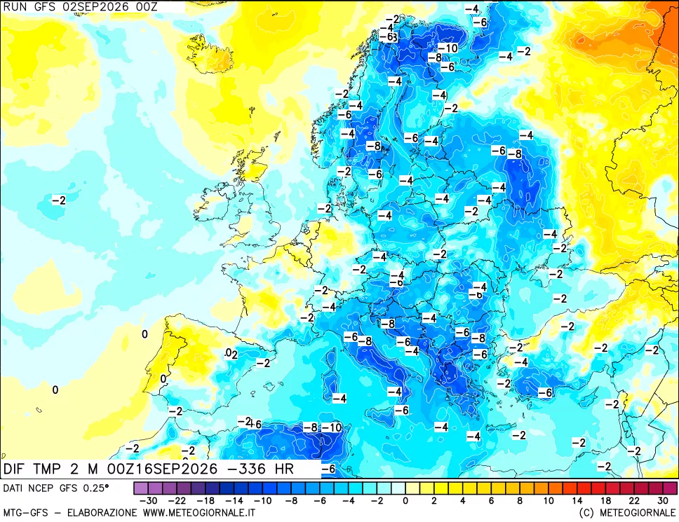 mappa Dif. Temp a 2 metri Valid - Init