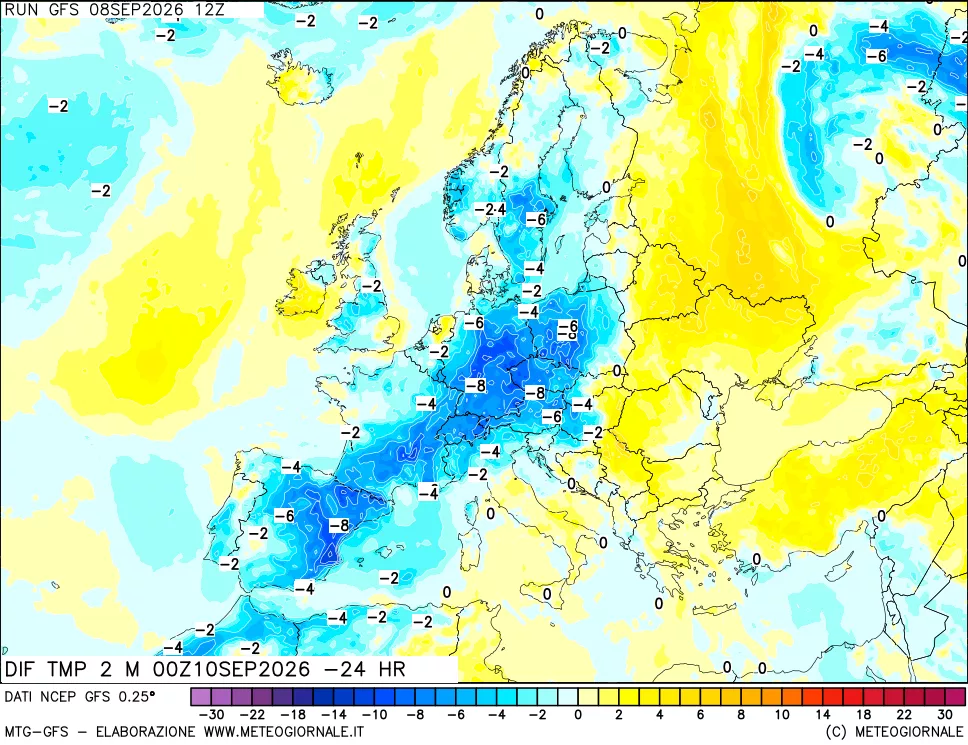 mappa Dif. Temp a 2 metri Valid - Init