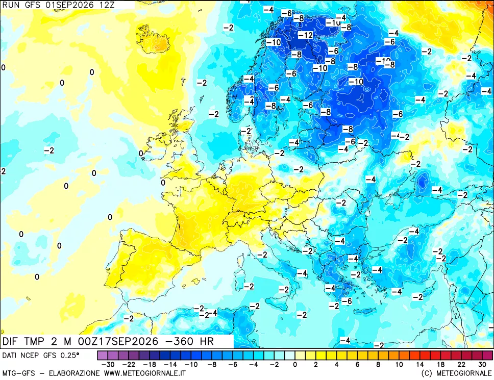 mappa Dif. Temp a 2 metri Valid - Init
