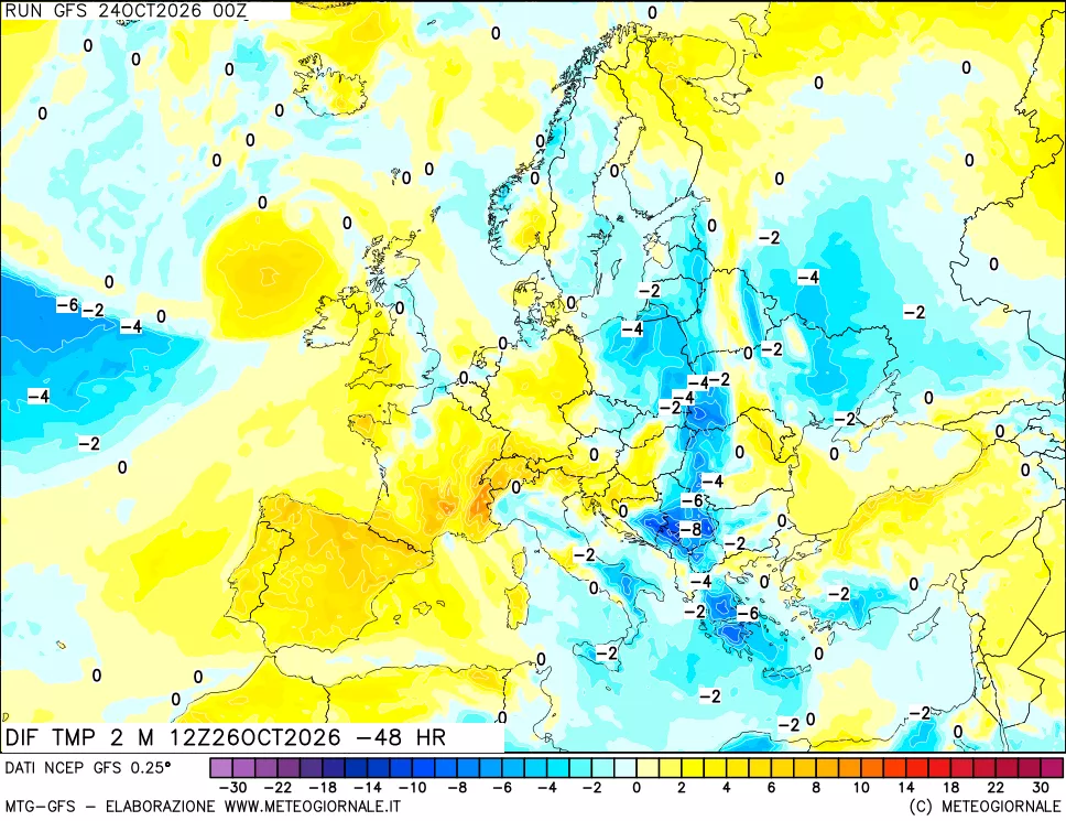 mappa Dif. Temp a 2 metri Valid - Init