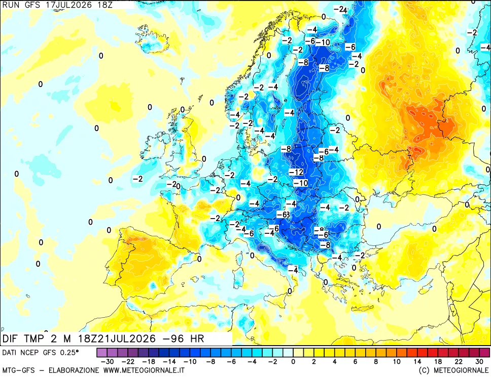 mappa Dif. Temp a 2 metri Valid - Init