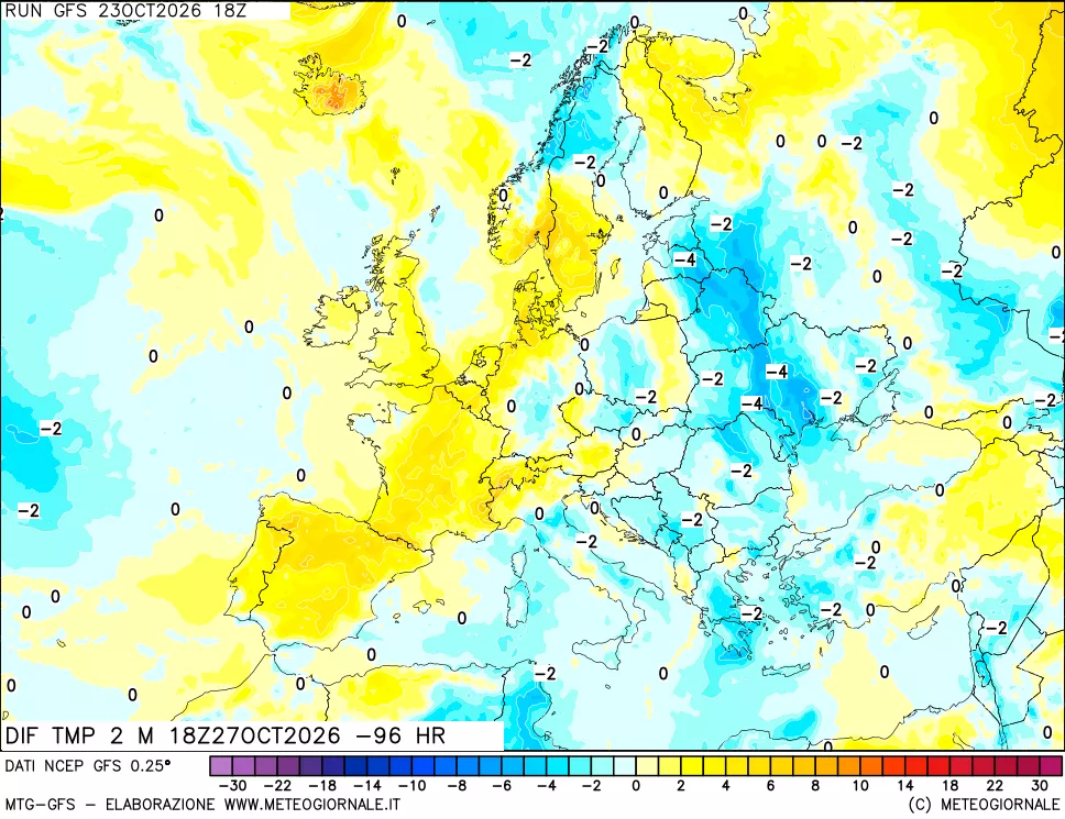 mappa Dif. Temp a 2 metri Valid - Init