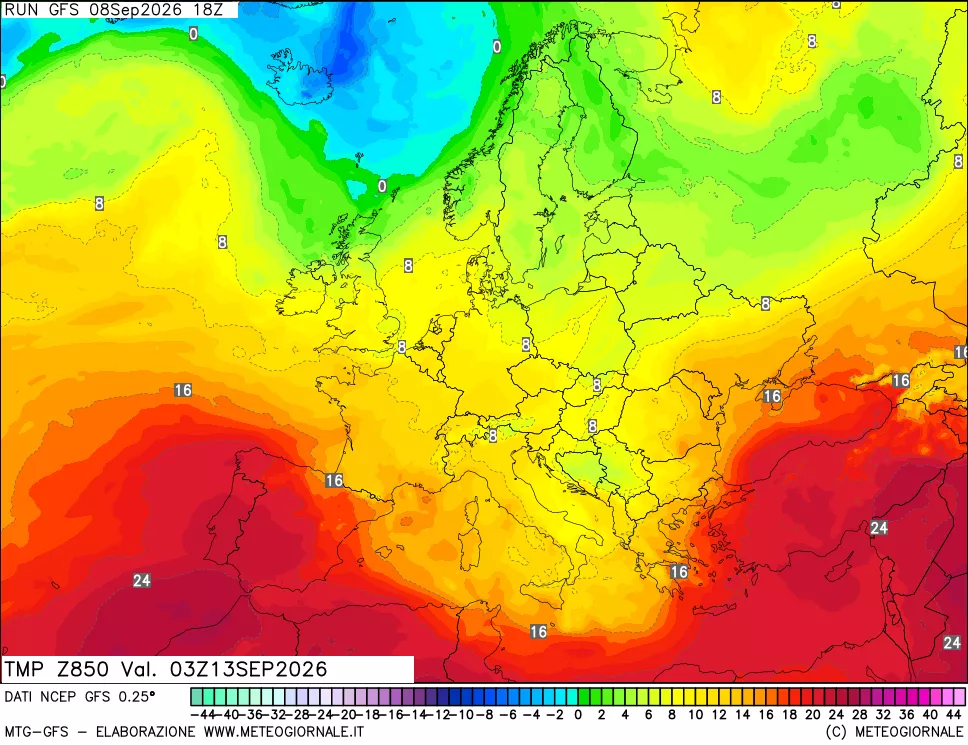 mappa 850 hPa Temp