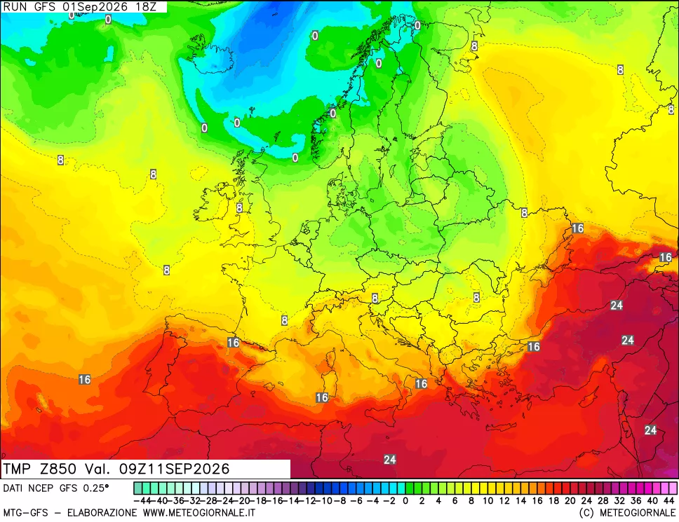 mappa 850 hPa Temp