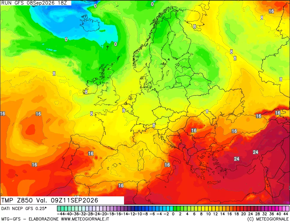 mappa 850 hPa Temp