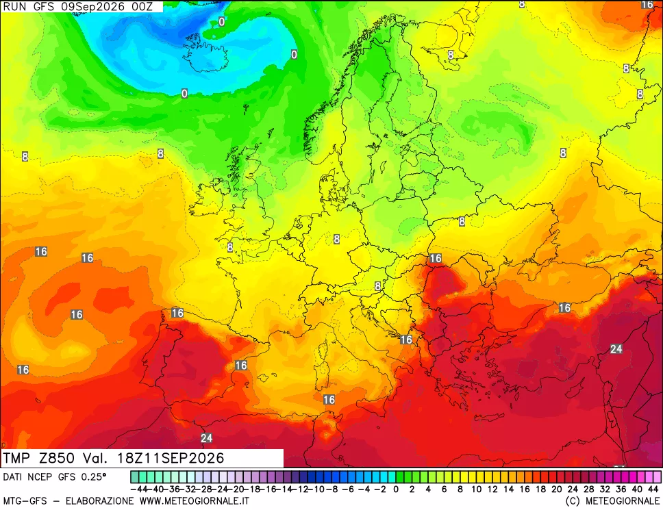 mappa 850 hPa Temp