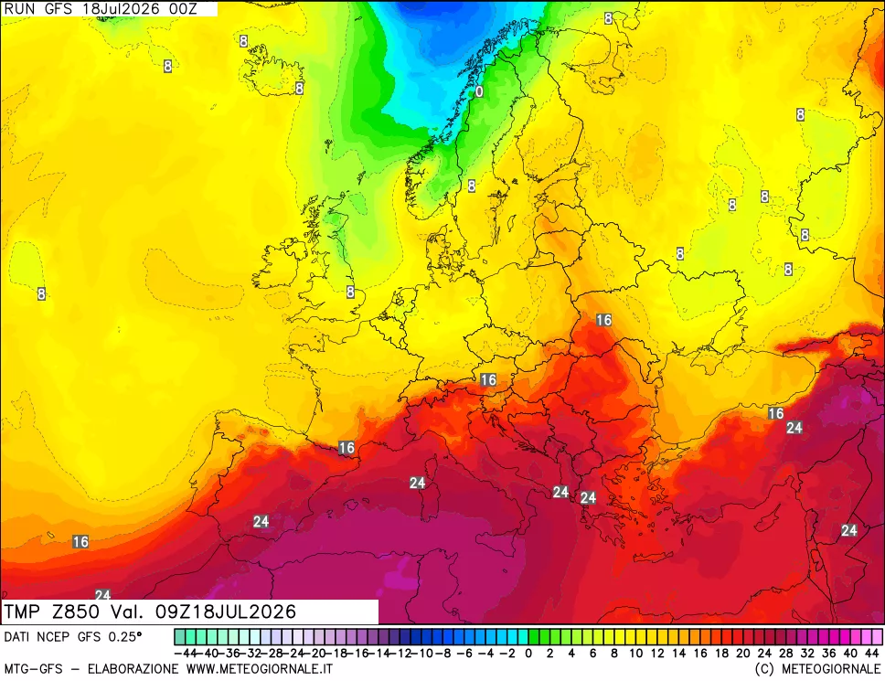 mappa 850 hPa Temp