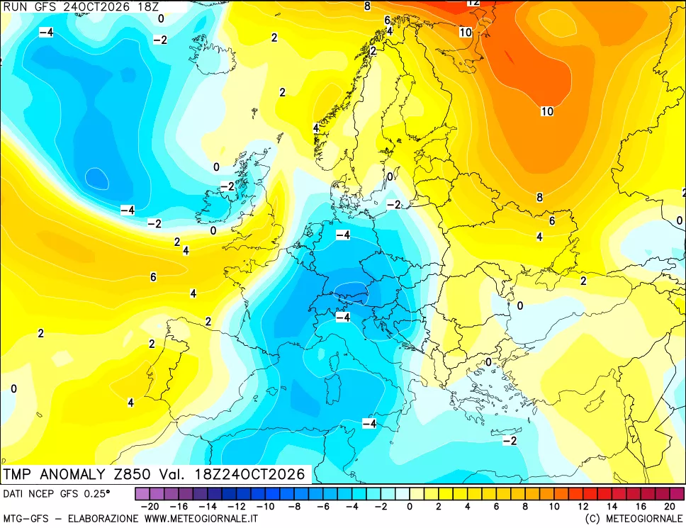 mappa 850 hPa Temp Anomaly vs Cli.No 1981-2010