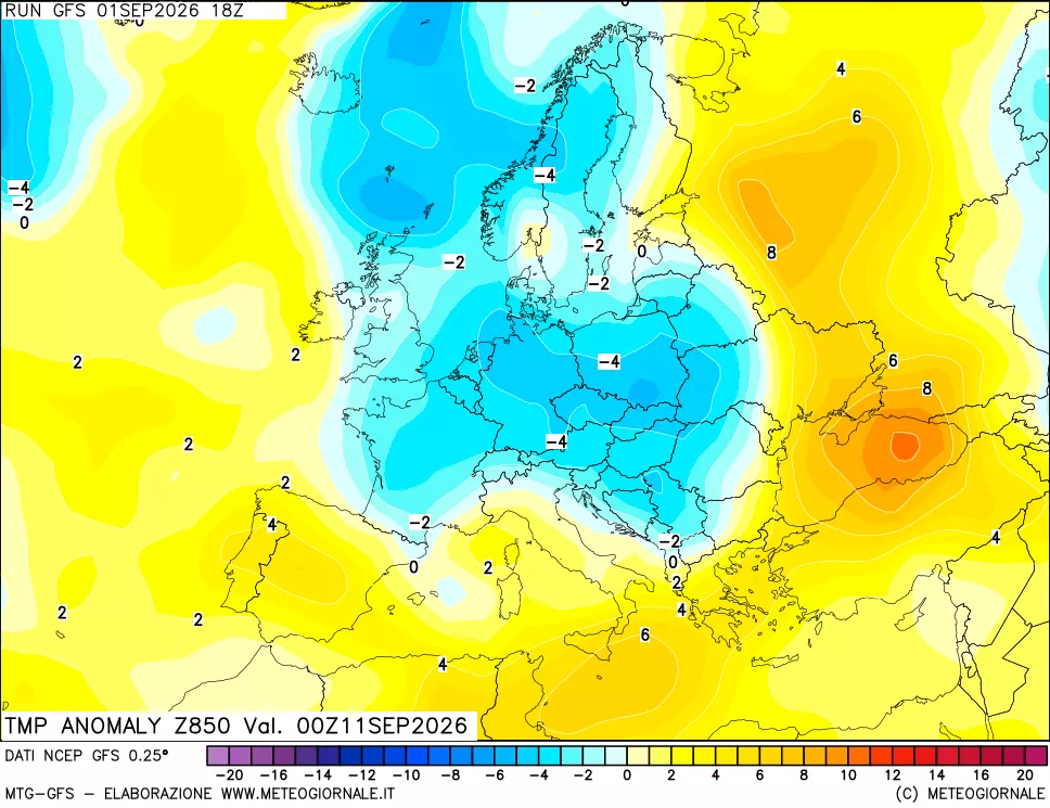 mappa 850 hPa Temp Anomaly vs Cli.No 1981-2010