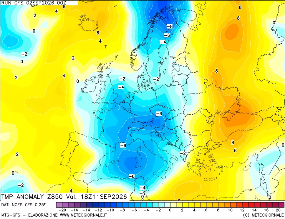 mappa 850 hPa Temp Anomaly vs Cli.No 1981-2010