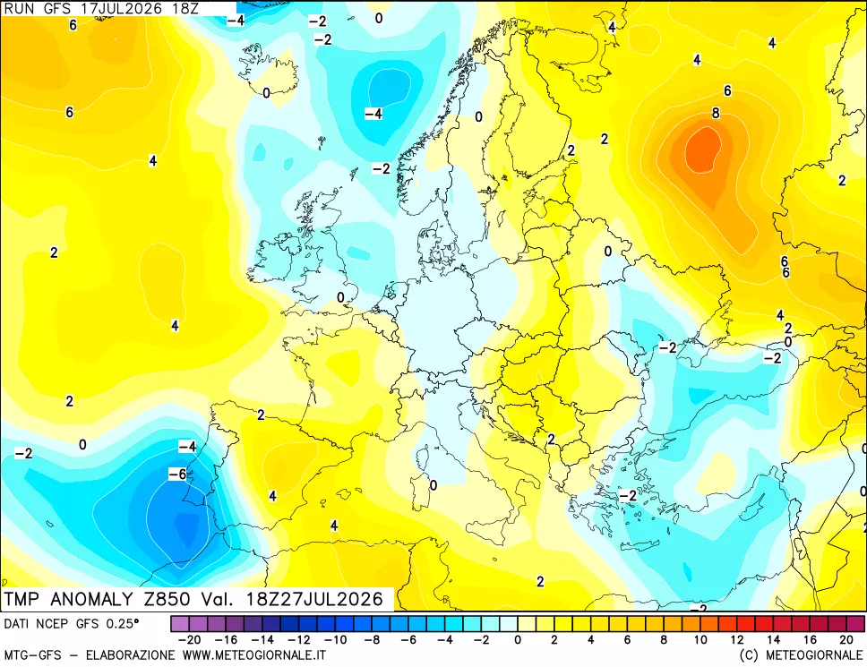 mappa 850 hPa Temp Anomaly vs Cli.No 1981-2010