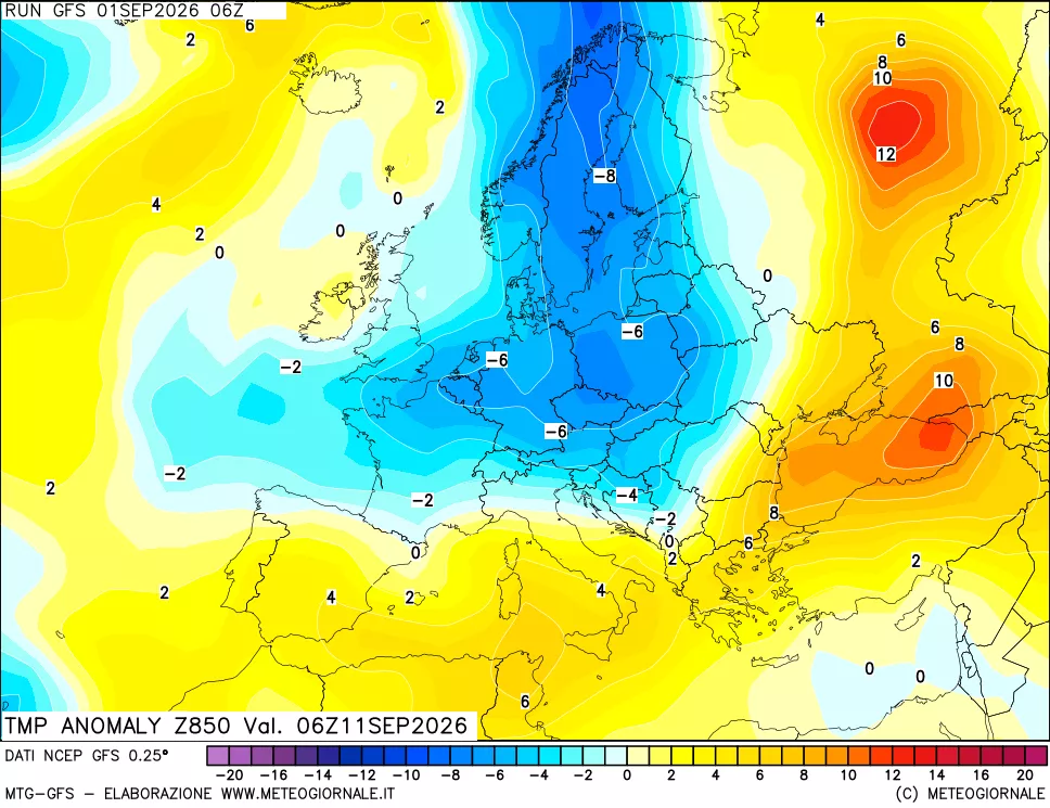 mappa 850 hPa Temp Anomaly vs Cli.No 1981-2010