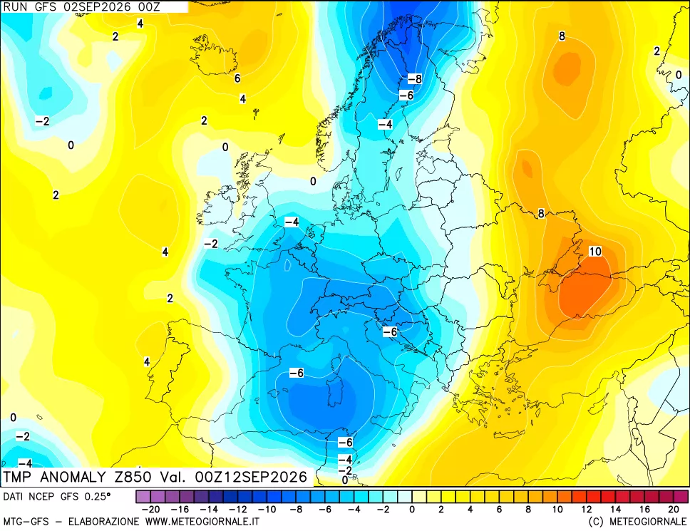 mappa 850 hPa Temp Anomaly vs Cli.No 1981-2010