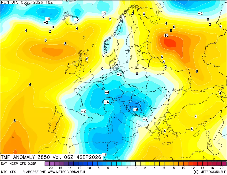 mappa 850 hPa Temp Anomaly vs Cli.No 1981-2010