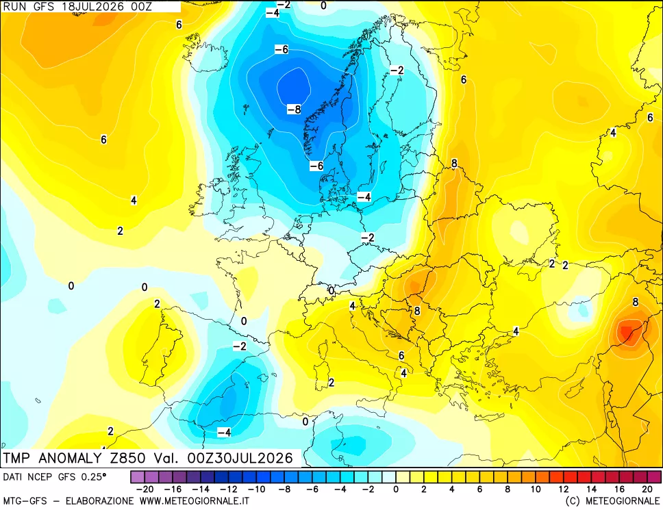 mappa 850 hPa Temp Anomaly vs Cli.No 1981-2010