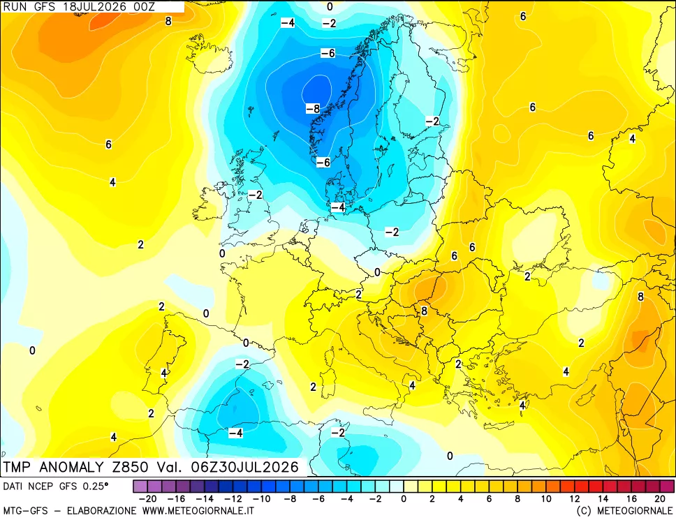 mappa 850 hPa Temp Anomaly vs Cli.No 1981-2010