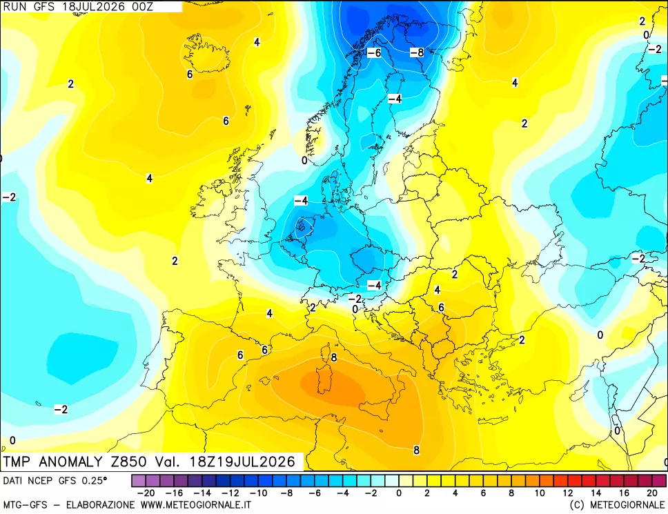 mappa 850 hPa Temp Anomaly vs Cli.No 1981-2010