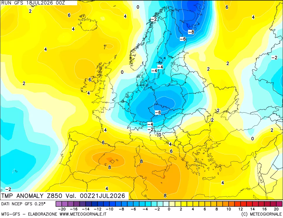 mappa 850 hPa Temp Anomaly vs Cli.No 1981-2010