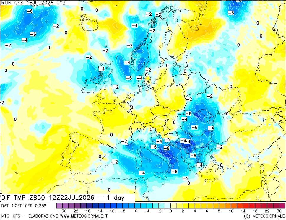 mappa 850 hPA Dif. Temp -24 ore