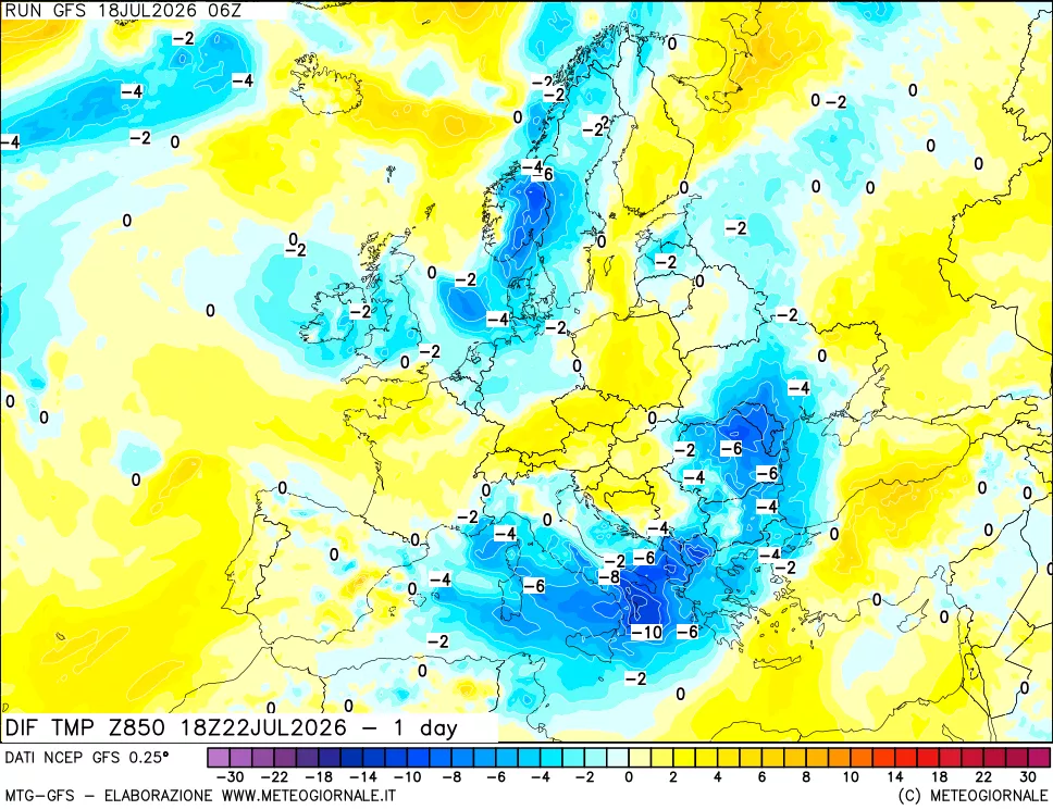 mappa Dif. Temp a 850 hPa Valid - 1 day