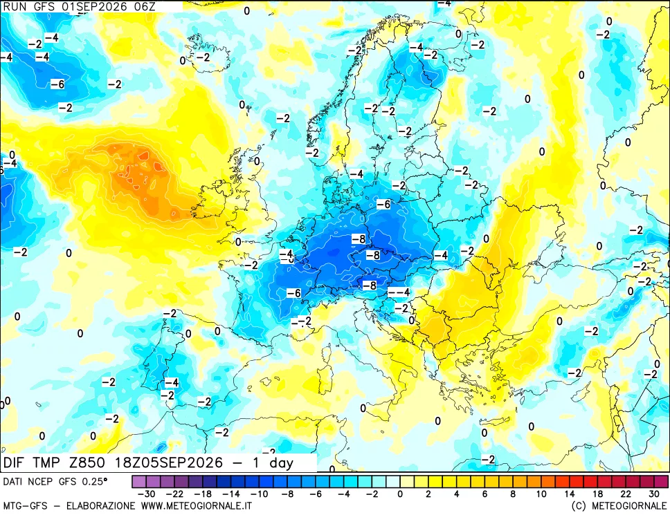 mappa 850 hPA Dif. Temp -24 ore