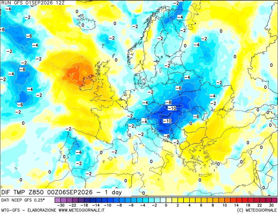mappa Dif. Temp a 850 hPa Valid - 1 day