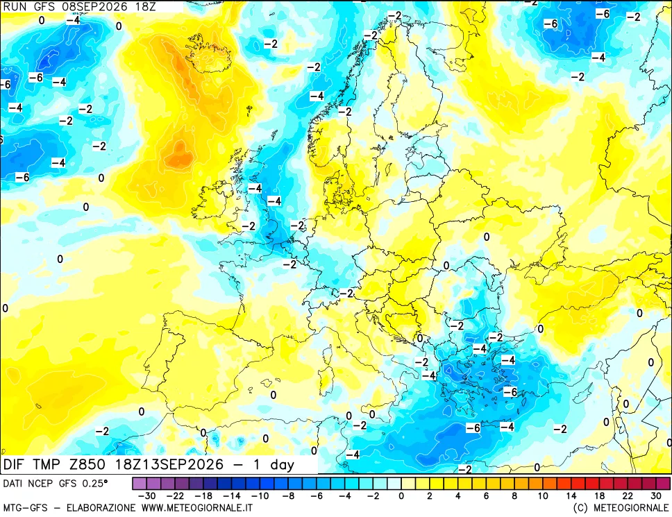 mappa Dif. Temp a 850 hPa Valid - 1 day