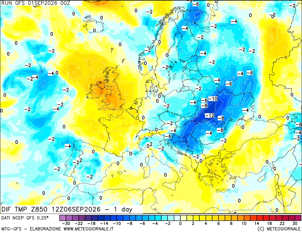 mappa 850 hPA Dif. Temp -24 ore