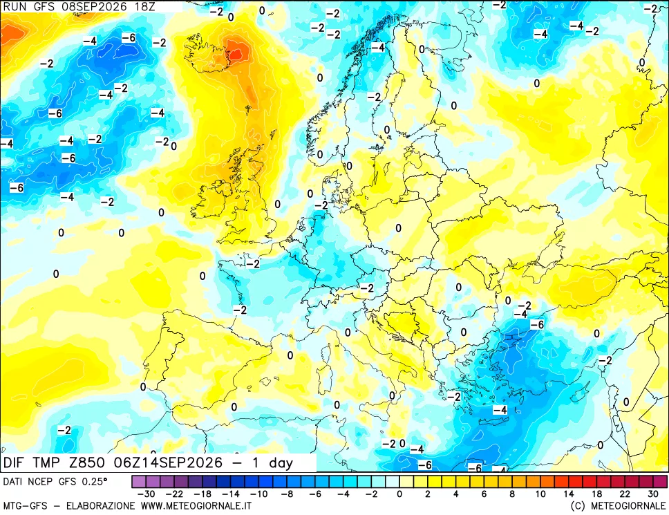 mappa Dif. Temp a 850 hPa Valid - 1 day
