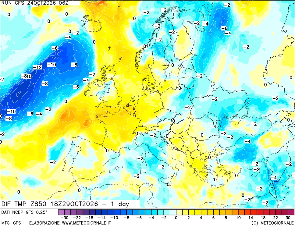 mappa Dif. Temp a 850 hPa Valid - 1 day