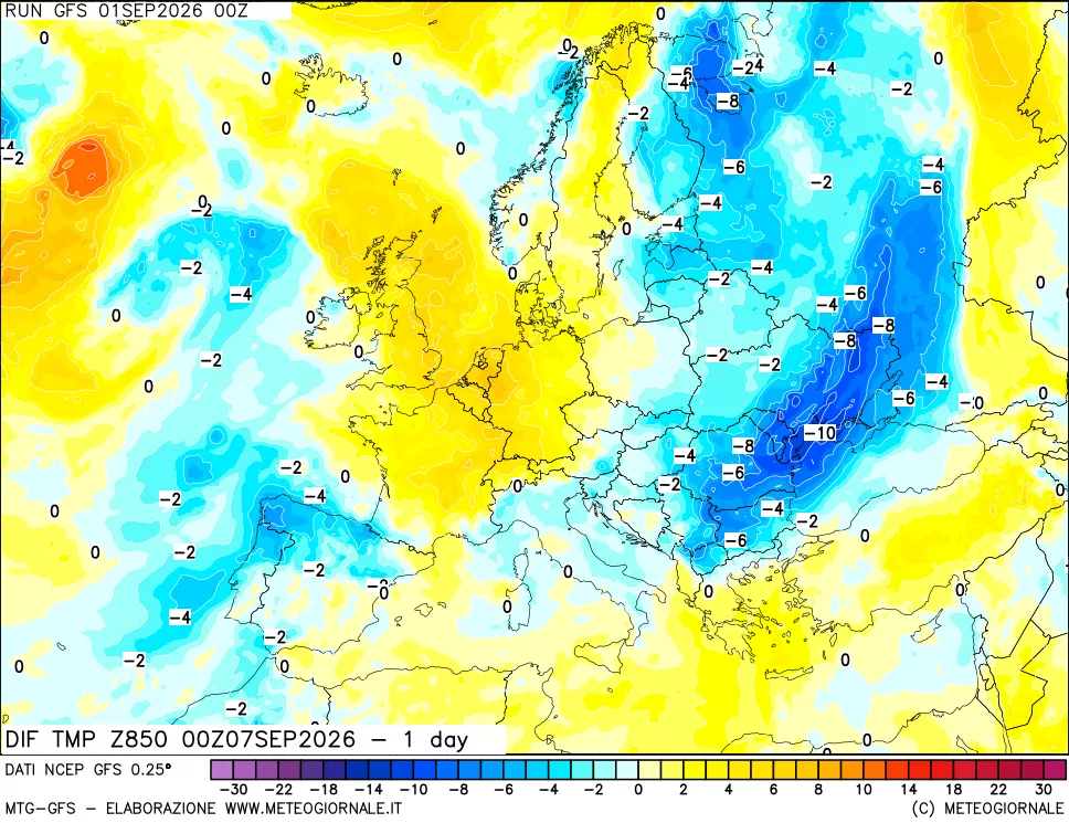 mappa Dif. Temp a 850 hPa Valid - 1 day