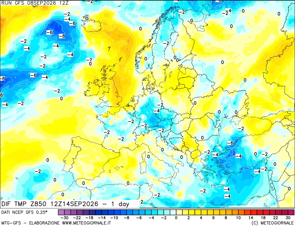 mappa Dif. Temp a 850 hPa Valid - 1 day
