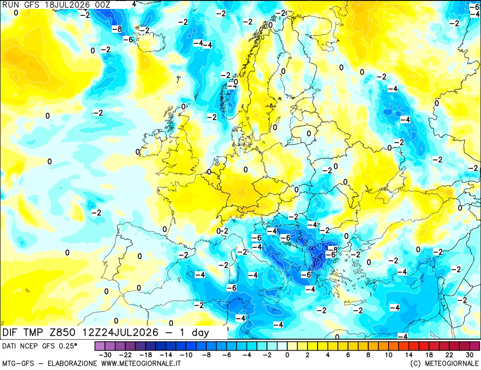 mappa Dif. Temp a 850 hPa Valid - 1 day