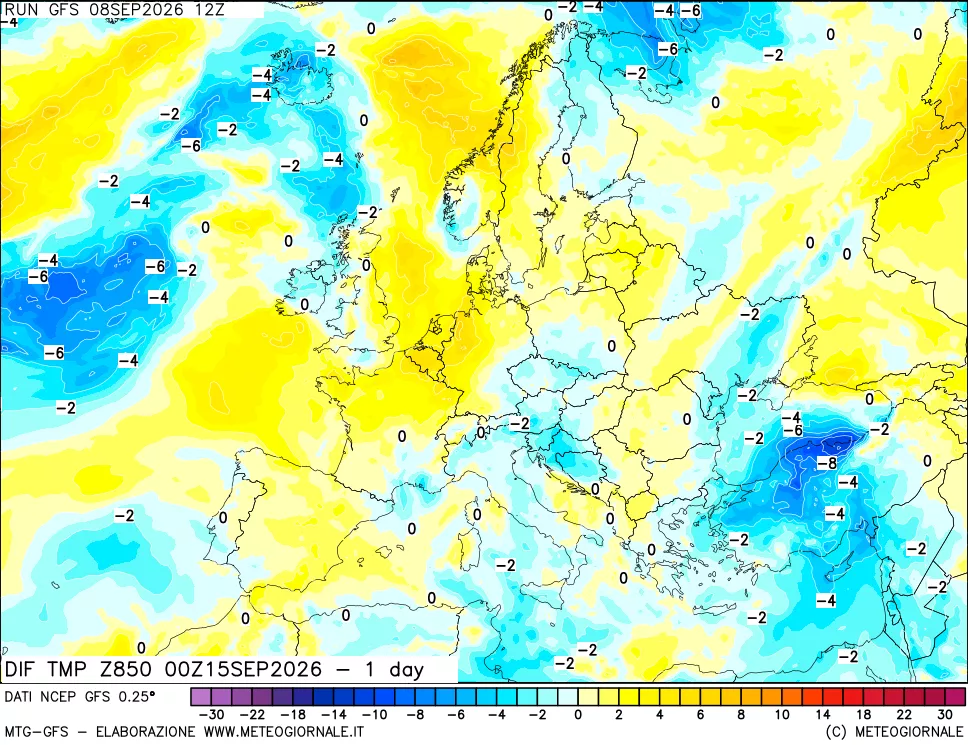 mappa Dif. Temp a 850 hPa Valid - 1 day