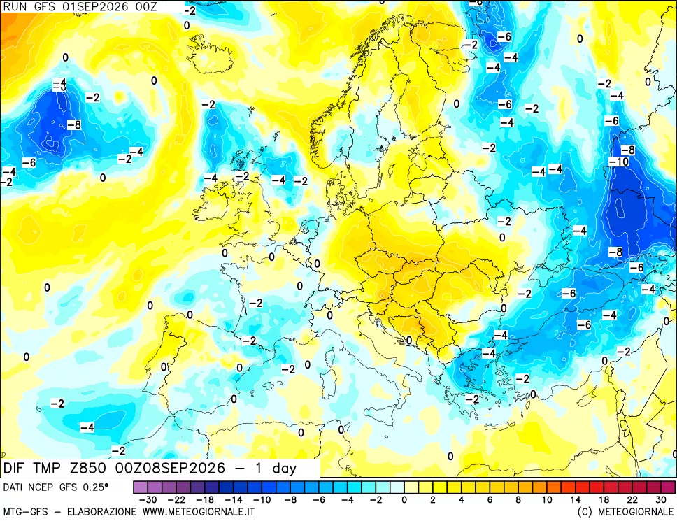 mappa Dif. Temp a 850 hPa Valid - 1 day