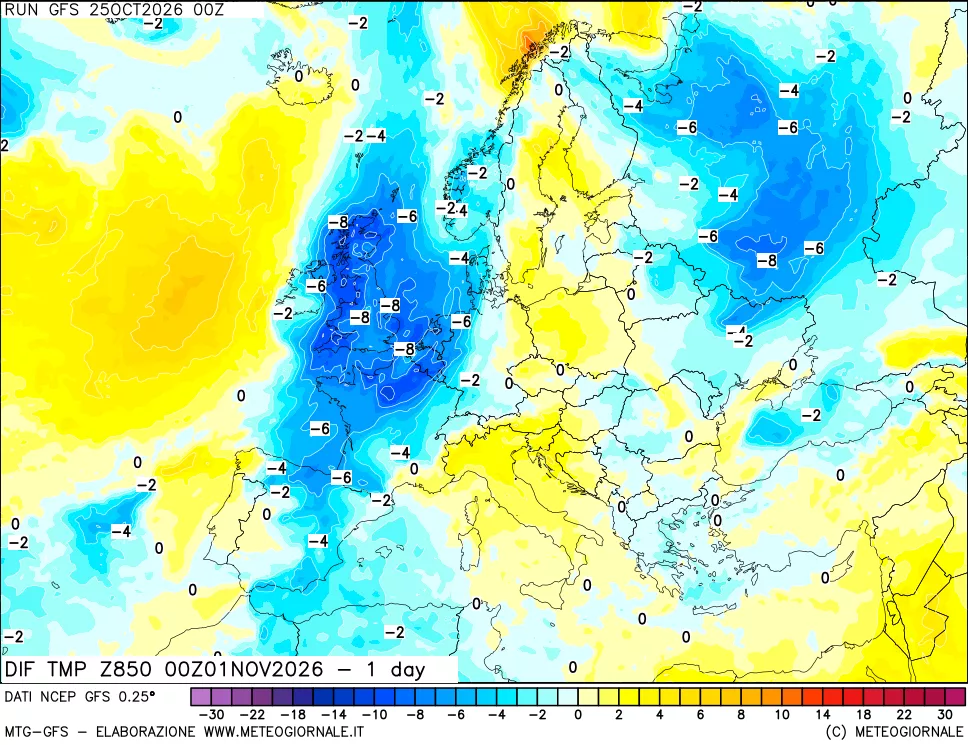 mappa Dif. Temp a 850 hPa Valid - 1 day