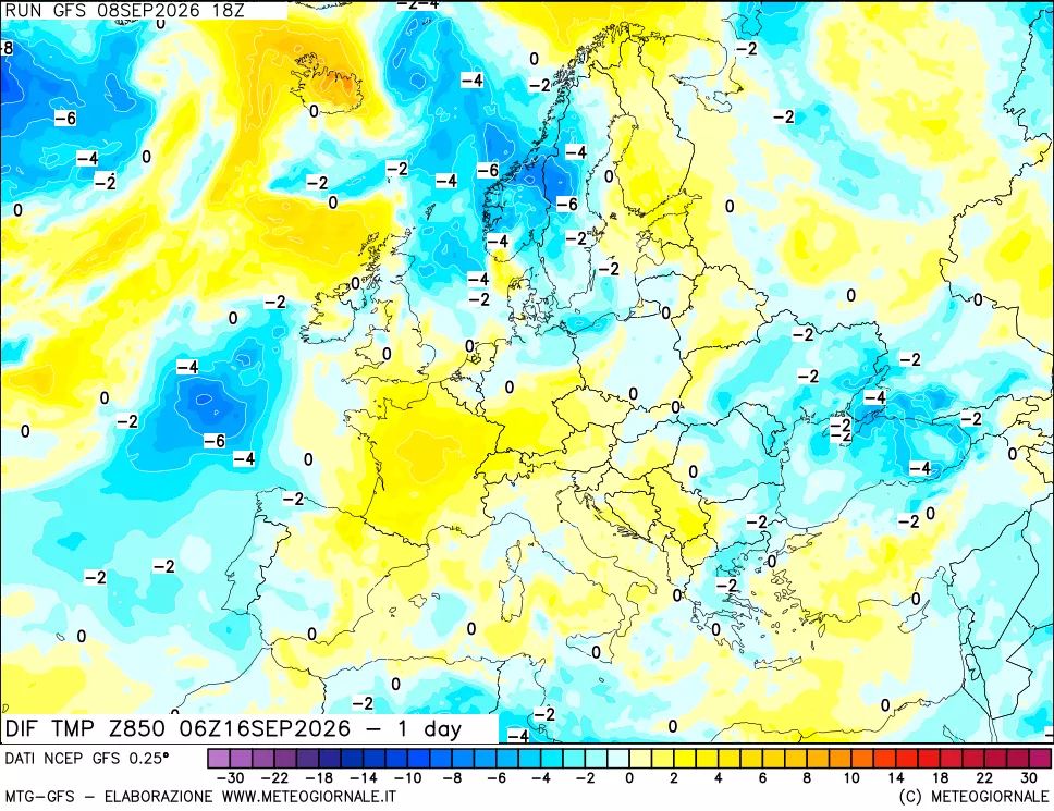 mappa Dif. Temp a 850 hPa Valid - 1 day