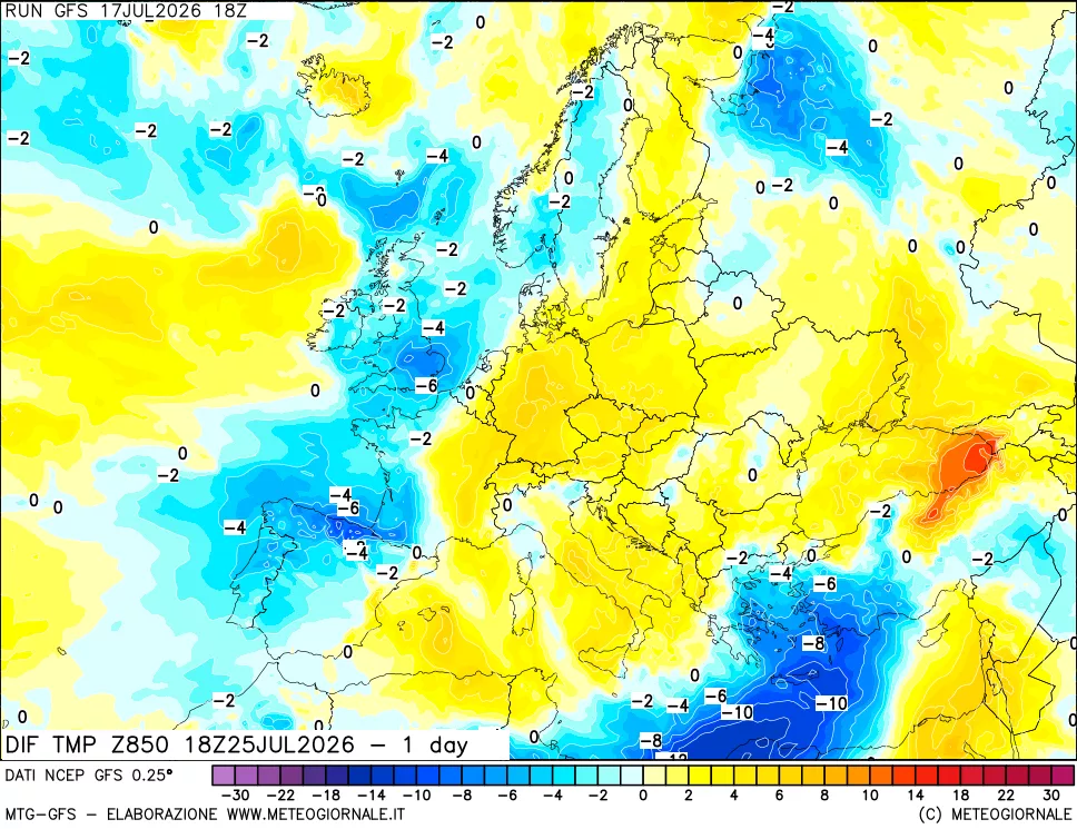 mappa Dif. Temp a 850 hPa Valid - 1 day