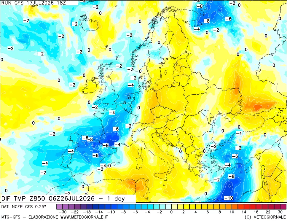 mappa 850 hPA Dif. Temp -24 ore