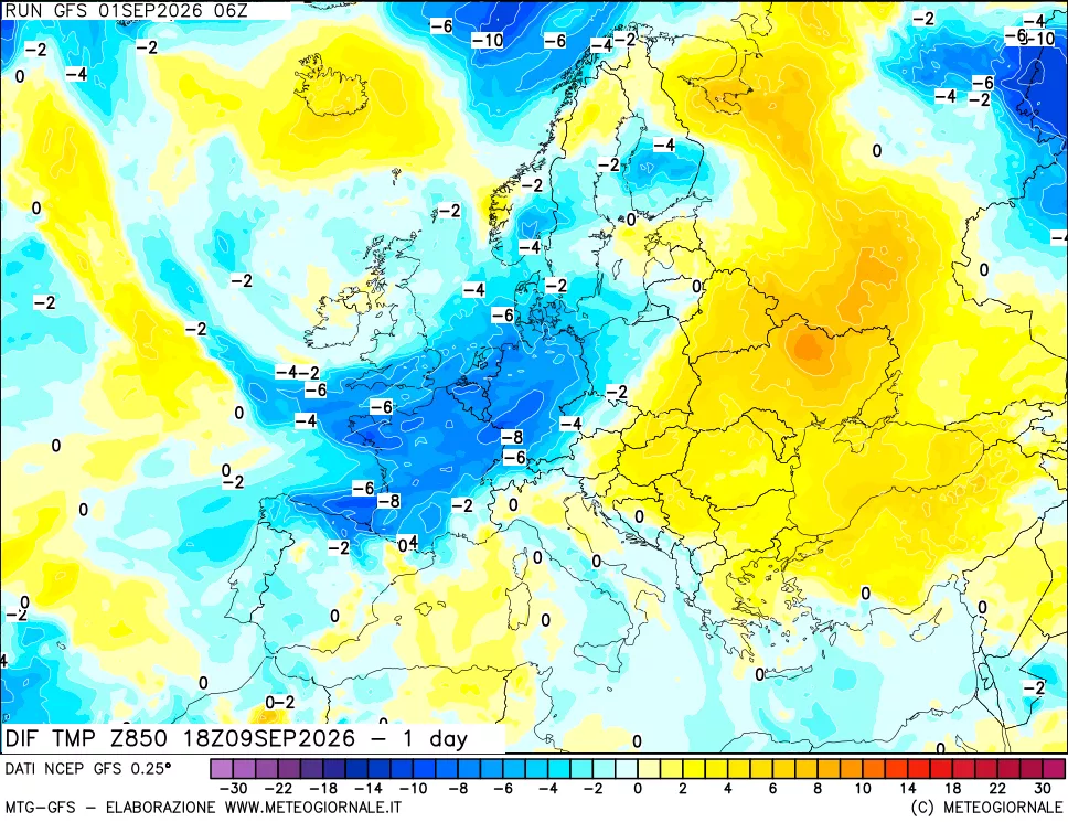mappa 850 hPA Dif. Temp -24 ore