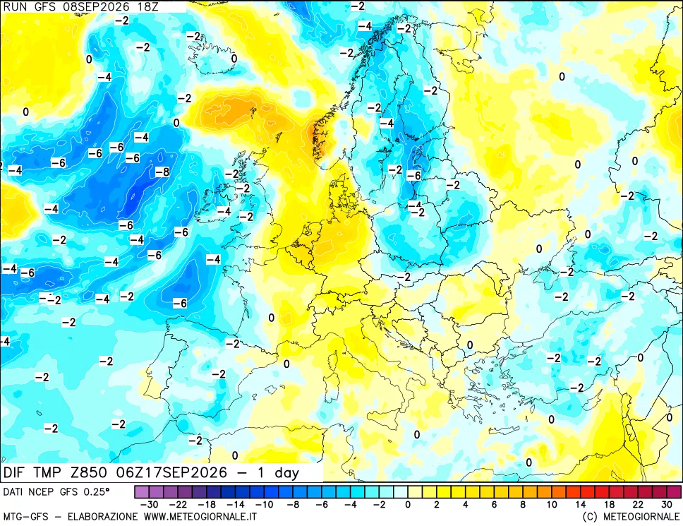 mappa Dif. Temp a 850 hPa Valid - 1 day